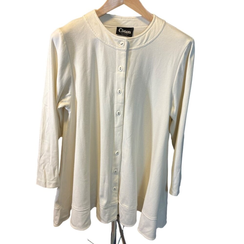 Choon Cream Button Down Long Sleeve Tunic Top Size L Flare Hem